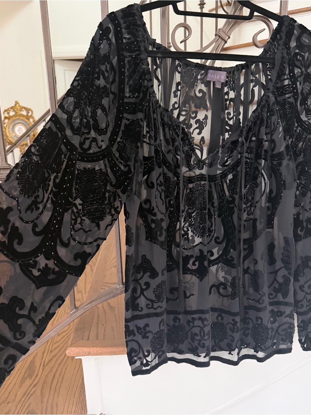 Hale Bob Black Velvet Burnout Sheer Peasant Top